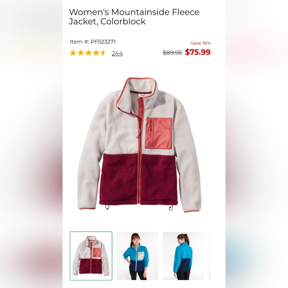 L.L.Bean Women's Large Mountainside FLeece Jacket, Colorblock in Shore /Rosewood - Picture 2 of 2